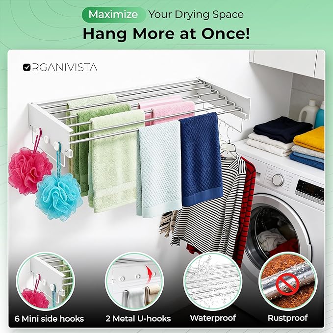 Laundry drying rack wall mount(40-INCH White), a wall mount clothes drying rack solution with reinforced metal frame, easy installation in tight spaces and foldable; drying rack clothing wall mounted.