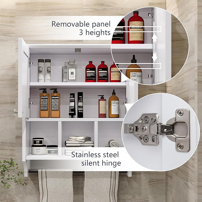 Bathroom Medicine Cabinet, Bathroom Cabinet Wall Mounted Over-The-Toilet with Towel Bar, 2 Doors & 3 Open Shelves, White