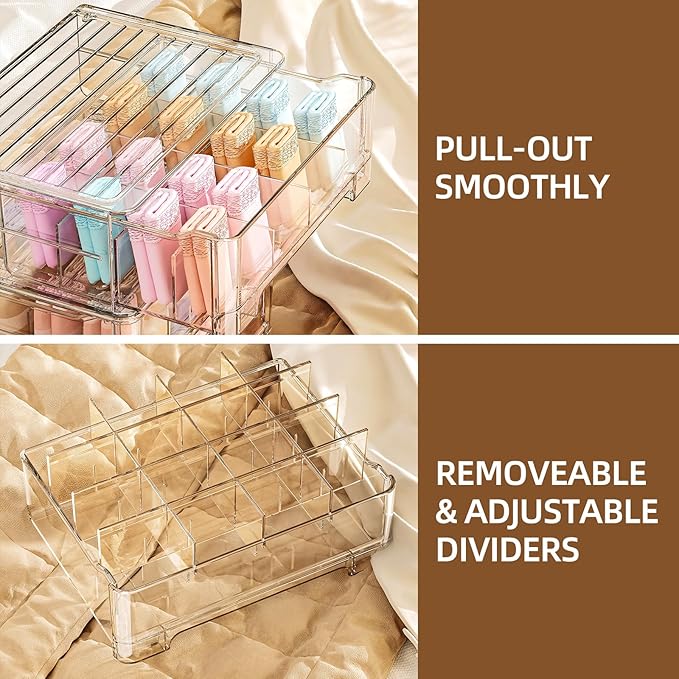Underwear Drawer Organizer with Dividers, 24 Cell Stackable Sock Organizer for Closet, Plastic Underwear Storage Drawer for Closet, Bra Organizer for Baby Clothes, Panties, Belts, Ties, Scarf