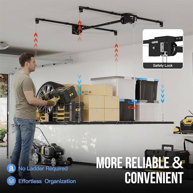 Overhead Garage Storage Rack Lift, 4x8 ft Ceiling Mounted Storage Racks, 12FT Max Adjustable Height, 800lbs Weight Capacity, Heavy-Duty Metal Ceiling Rack for Organization