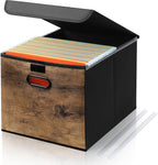 File Organizer Box with Wood Grain Pattern, Hanging Collapsible File Storage Bins with Lid Plastic Slides for School Classroom Office Organizer, Rustic Brown Desk Storage