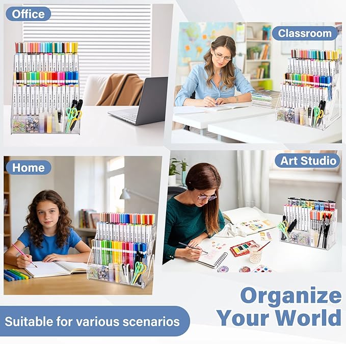 Acrylic Marker Organizer – 4 Tier 20 Compartments for Pens, Markers, Art Supplies & Office Essentials – Clear Vertical Desk Storage for Home, Office & School