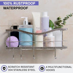 KINCMAX Premium Shower Caddy - Self Adhesive Shower Organizer with 4 Hooks, Rustproof Stainless Steel Shower Rack for Bathroom, Silver