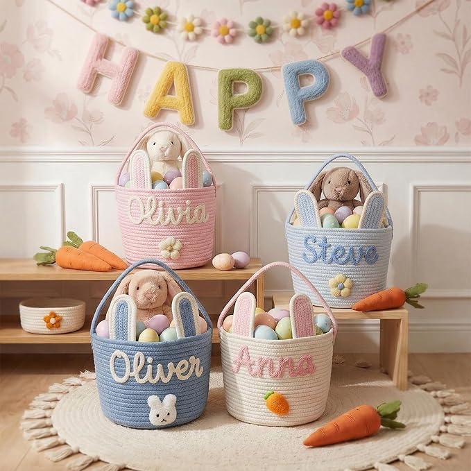 Personalized Embroidered Baby Easter Basket with Name, Custom Bunny Baskets Egg Hunt for Kids, Baby Easter Gift, Egg Hunt Basket for Kids, Boys, Girls A2