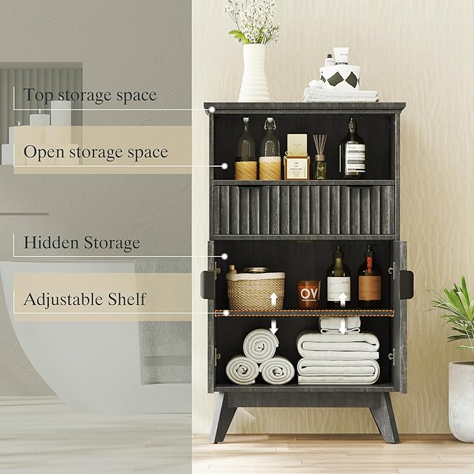 FLOWBACK Fluted Cabinet, 40'' High Coffee Bar with Drawer & Door, Small Decorative Cabinet Bathroom Storage with Open Shelf, Wood Kitchen Pantry Sideboard Buffet