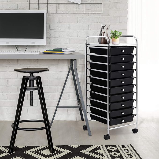 GOFLAME 10-Drawer Rolling Storage Drawer Cart, Utility Cart with Removable Drawers & Metal Frame, Mobile Art Craft Drawer Cart with Lockable Wheels for Home, Office, Studio, School, Black