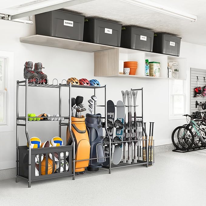WALMANN Garage Sports Equipment Organizer Stand, Freestanding Ski & Snowboard Storage Rack with Ball Bin and Golf Bag Holder, Multi-Sport Storage for Garage