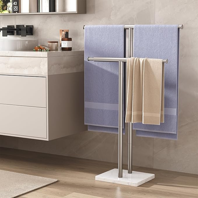 ELYKEN Standing Towel Racks for Bathroom, 2-Tier Floor Towel Holder Stand with Weighted Marble Base, Freestanding Bath Towel Rack, Width Adjustable & Stainless Steel Brushed Finish
