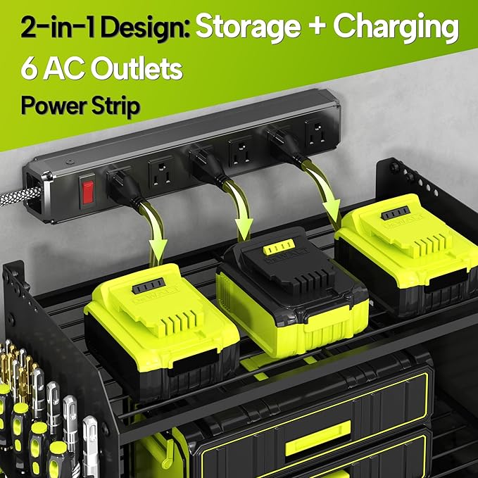 4 Layer Heavy Duty Power Tool Organizer Wall Mount with Charging Station, Adjustable Metal Storage Rack, 6 Outlets Strip, Drill Holders, Hooks & Drill Bit Rack for Garage, Workshop, Black