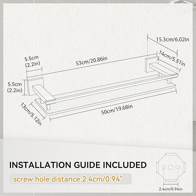 LANC Bathroom Shelves Glass Shelf 20-Inch Brushed Nickel Floating Tempered Glass Shelf Rectangular Modern Stainless Steel Wall Mount Shelves for Shower Bathroom Kitchen Organizers Accessories，A7613BN