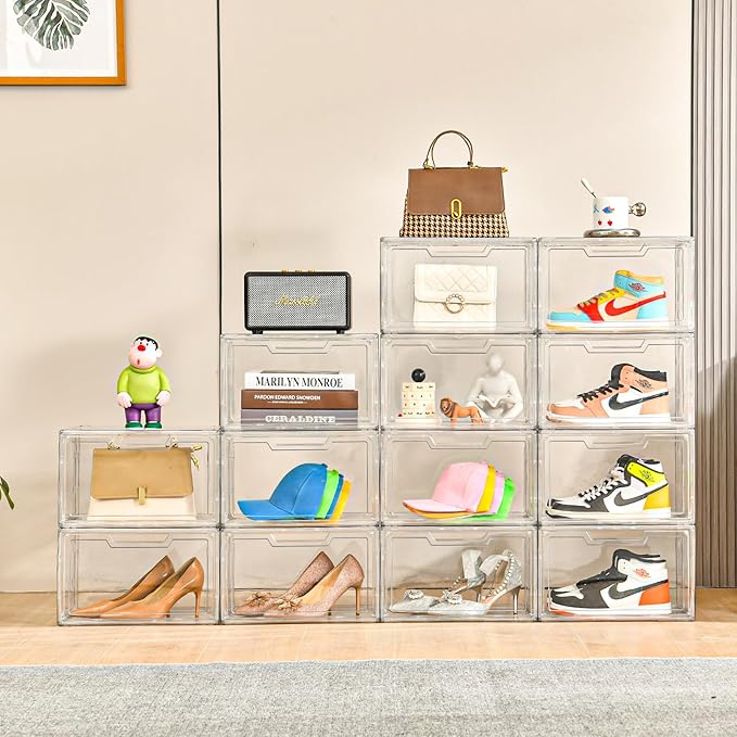 Magnetic Acrylic Clear Shoe Boxes – 360° Clear Plastic Stackable Sneaker Storage Box shoe Display Box Professional Grade Shoe Display Case, Shoe Organizer for Closet (12pcs)