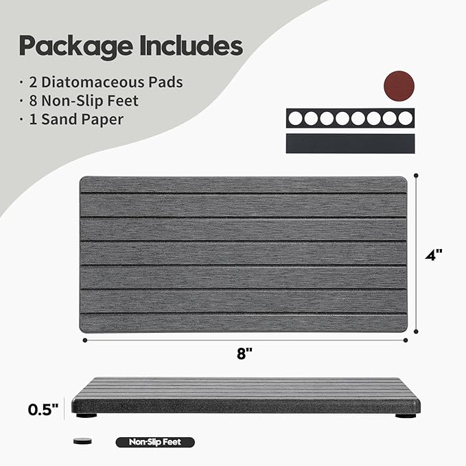 2PCS Diatomite Water Absorbing Stone Drying Tray Mat for Bathroom & Kitchen Counter, Instant Dry Drink Bar Coaster, Vanity Sink Caddy Organizer, Dish Soap Sponge Holder, Dark Gray, 8"x3.8"
