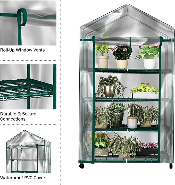 4 Tier Mini Greenhouse - Portable Greenhouse with Locking Wheels and PVC Cover for Indoor or Outdoor - 27 x 19 x 63-Inch Green House by Pure Garden