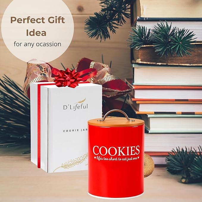 D'Lifeful Farmhouse Airtight Cookie Jar with Bamboo Lid - Kitchen Counter Storage Container for Cookies or even Candy (Red, Small Size (6.5" x 5.25"))