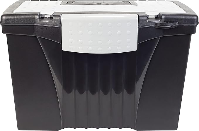 Storex Legal File Box with Organizer Lid – Plastic Office File Storage Box for Letter and Legal Hanging Folders, Obsidian, 1-Count (61510A01C)
