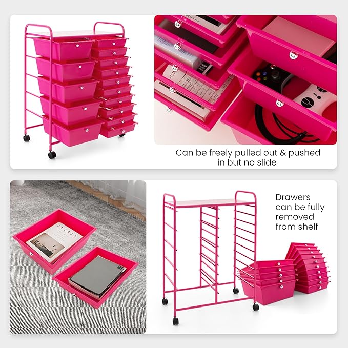 LUARANE Rolling Cart with 15 Drawers, Craft Storage Cart with Portable Handles & Lockable Wheels, Mobile Toys Organizer, Large Capacity Utility Drawer Cart Home Office School Teacher (Hot Pink)