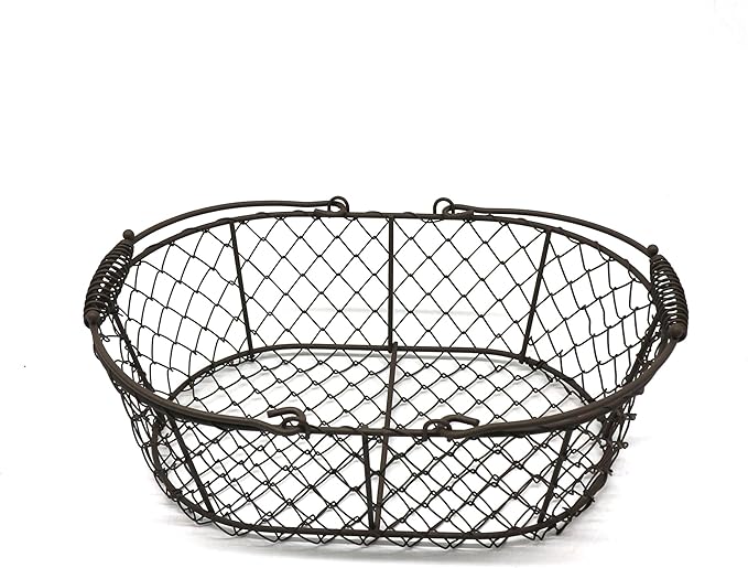 CVHOMEDECO. Oval Metal Wire Egg Basket Wire Fruit Basket with Handle Primitives Vintage Style Storage Basket. Rusty, 11 X 7-1/4 X 3-1/2 Inch