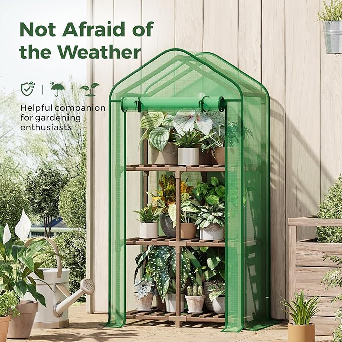 Bamworld 22" Lx16 Wx66 H Mini Greenhouse for Indoor Outdoor Small Green Houses with 3-Tier Plant Shelves Portable with Green PE Cover for Garden and Backyards Ideal Gardening Gifts for Lovers