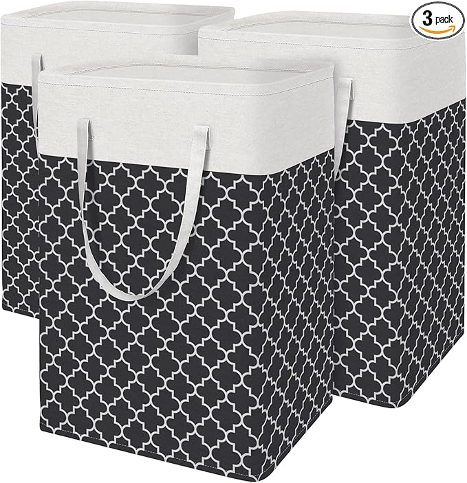 BlissTotes 3-Pack Laundry Basket, Freestanding＆Waterproof Laundry Hamper, Collapsible Tall Clothes Hamper with Easy Carry Handles for Clothes, Towels in the Family and Dorm,Clover Black,75L
