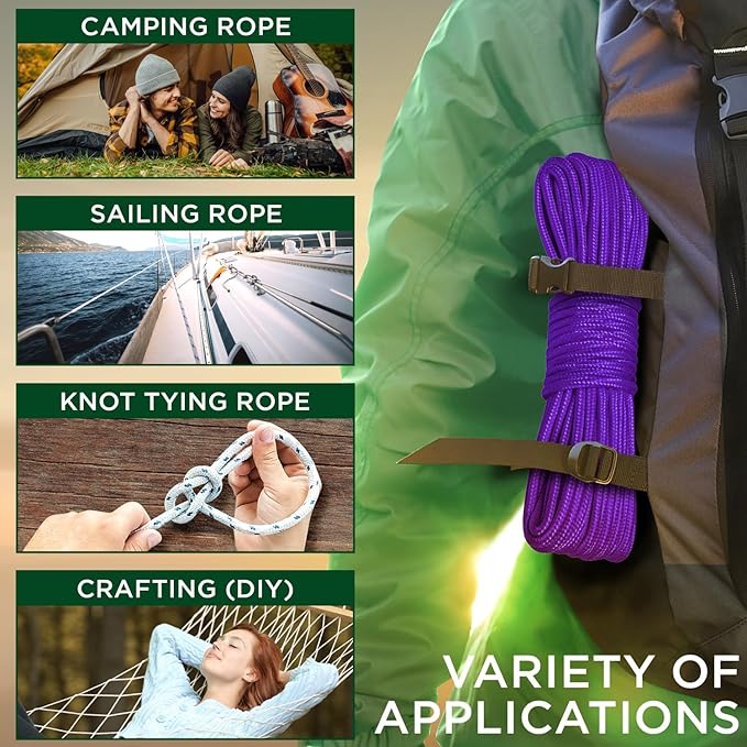 TECEUM Rope – 90 Feet x 3/8 Inch (10mm) – Purple – Strong All-Purpose Utility Rope – Camping, Crafting, Flag Pole, Indoor & Outdoor – Polypropylene Nylon Poly Lightweight Diamond Braided Cord