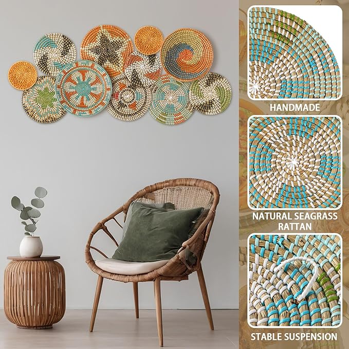 Tatuo 11 Pcs Boho Wall Basket Decor Decorative Bulrush Woven Basket Wall Decor Art Round Farmhouse Hanging Baskets for Kitchen Rustic Home Summer Decorations, Multi Sizes(Farmhouse)