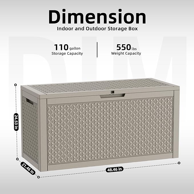 110 Gallon Outdoor Waterproof Resin Storage Deck Box Lockable Outside Bench UV Resistant Bin Patio Porch Furniture Pool Float Garden Tool Cushion Grey