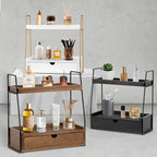 2-Tier Bathroom Organizer Countertop with Drawer, Wood Counter Organizer for Bathroom Decor, Sink Shelf for Vanity Storage, Makeup Tray for Perfume Skincare Bedroom Kitchen Corner