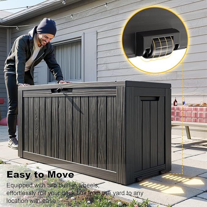 90 Gallon Outdoor Waterproof Resin Storage Deck Box Lockable Outside Bench UV Resistant Bin Patio Porch Furniture Pool Float Garden Tool Cushion Black