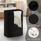 Large Laundry Hamper 16"x13"x22" - Tall Woven Laundry Basket, Cotton Rope Dirty Clothes Hamper, Baby Kids Nursery Wicker Laundry Basket, Bedroom Aesthetic, Soft Laundry Bin, Black Hamper, 75L