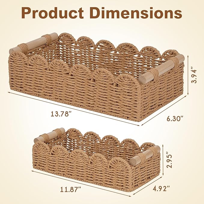 Set of 2 Paper Rope Scalloped Edge Decor Baskets, Small Storage Basket and Toilet Paper Basket for Toilet Paper Storage, Bathroom, Living room, Bedroom & More, 2 Wooden Handles, Neutral