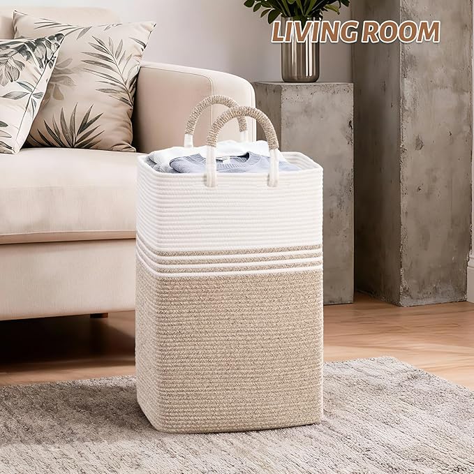 Laundry Basket Hamper,Blanket Storage,Dirty Clothes Hamper with Swivel Handles,Woven Cotton Rope Toy Baskets,Blanket Basket Living Room,Decorative Hampers for Nursery,Bedroom,White & Linen,80L