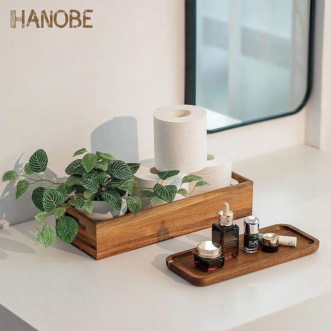 Hanobe Bathroom Toilet Tank Basket: Wood Acacia 2pcs Toilet Paper Topper with Vanity Tray Back of Organizer Toiletry Storage Holder Box