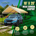 Caravan Canopy Mega Domain Carport with Waterproof Polyethylene Top, Durable Steel Frame, Compression Lock, and Easy Assembly, 10 by 20 Feet, Tan