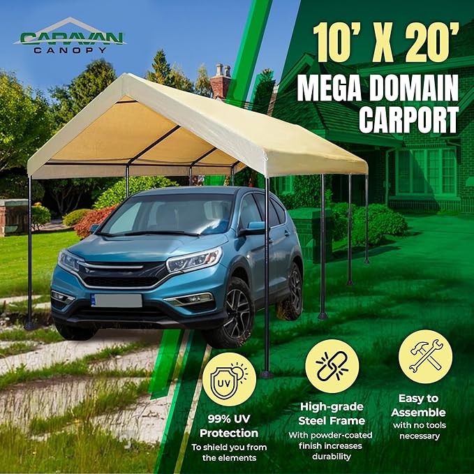 Caravan Canopy Mega Domain Carport with Waterproof Polyethylene Top, Durable Steel Frame, Compression Lock, and Easy Assembly, 10 by 20 Feet, Tan