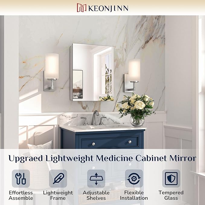 Keonjinn Medicine Cabinet 14 x 18 in, Bathroom Medicine Cabinets Mirror, Small-Sized, Lightweight, One Shelve Only, Surface Mount or Recessed, Tempered Glass, Assembly Required