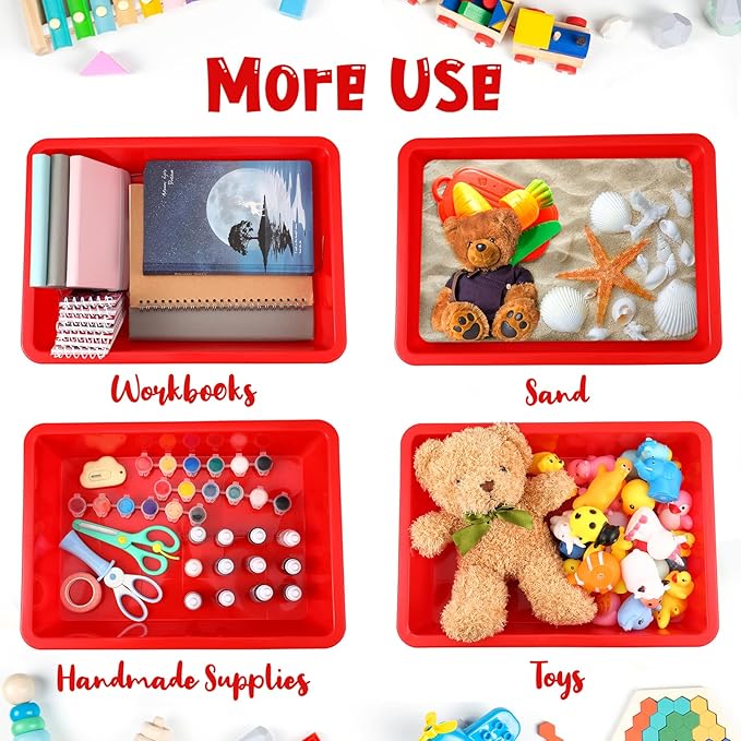 Hoteam 10 Pcs Flat Storage Organizer Tray Bin Letter Size Paper Tray for Classroom Plastic Stackable File Organizer for School Office Teacher Book Organization（ Red, 13.78 x 9.84 x 3.15 Inch）