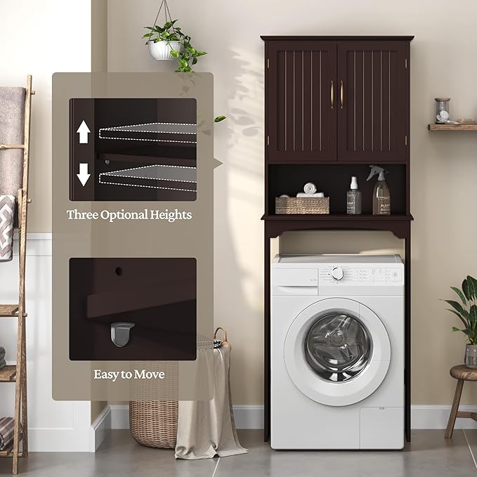 Topeakmart Over The Toilet Storage Cabinet Bathroom Organizer with Adjustable Shelf & Double Doors for Toilet, Home Space-Saving Furniture, L24.5xW9xH66 Inches, Espresso