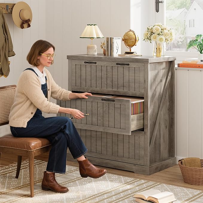 SEDETA File Cabinet for Home Office, Farmhouse 3 Drawer Filing Cabinet, Wood Office File Cabinets for Letter/Legal/A4 Size, Lateral File Cabinets with Printer Stand, Grey