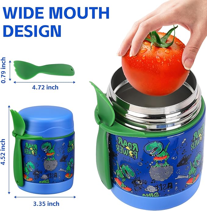 10oz Soup Thermo for Hot Food Kids Insulated Food Jar,Thermo Hot Food Lunch Container, Width Mouth Stainless Steel Lunch Box for Kids with Spoon (Blue-dinosaur)