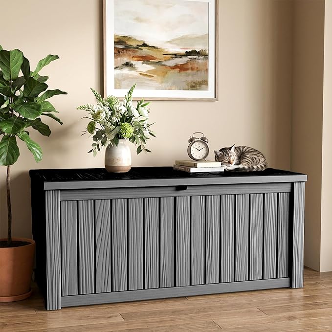 150 Gallon Deck Box Outdoor, Waterproof Outdoor Storage Boxes with Lids, Outside Resin Lockable Storage Box for Patio Cushions, Garden Tools(Black)