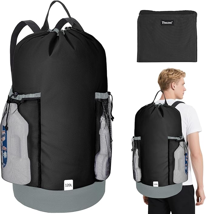 BALEINE 2PK 120L Laundry Bag Backpack, 900D Oxford Fabric Large Travel Laundry Bags with Shoulder Straps and 2 Mesh Pockets for College Dorm, Apartment, Laundromat (Black, 120L)