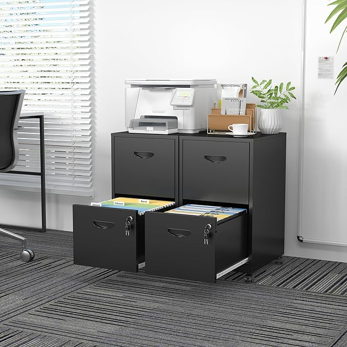 2 Drawer File Cabinet with Lock，Black Rolling File Cabinet for Home Office, Metal Small Mobile Filing Cabinets on Wheels for Hanging Letter