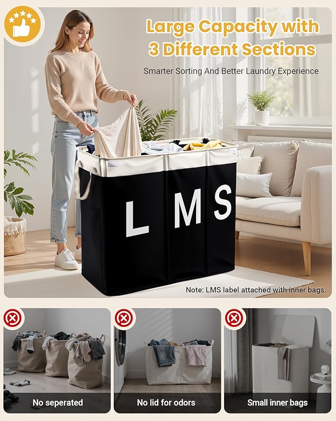 190L Laundry Hamper with Lid, Large Laundry Basket with Lid and 3 Section, Sturdy Laundry Baskets with 3 Removable Bags (L M S), Dirty Clothes Hamper Organizer for Laundry Room, Bedroom and Dorm Room