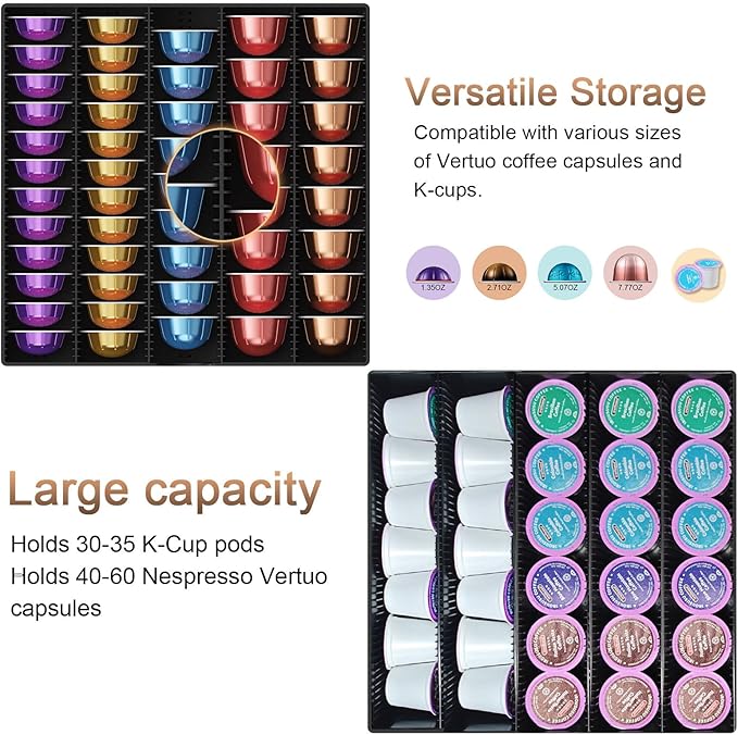 gianotter Wood Vertuo Pod Holder Drawer, Compatible with Nespresso Vertuo Capsules, Compatible with 40 Large or 60 Small Nespresso Capsule Organizer
