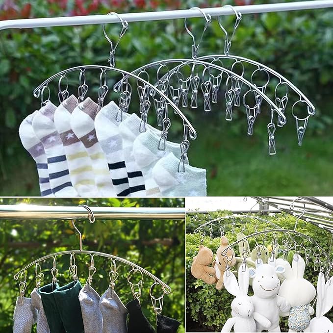 Stainless Steel Laundry Drying Rack Clothes Hanger with Windproof Hook,Underwear Hanger,Clothes Hangers with 8 Clips for Drying Socks,Diapers,Baby Clothes (3 Pack)