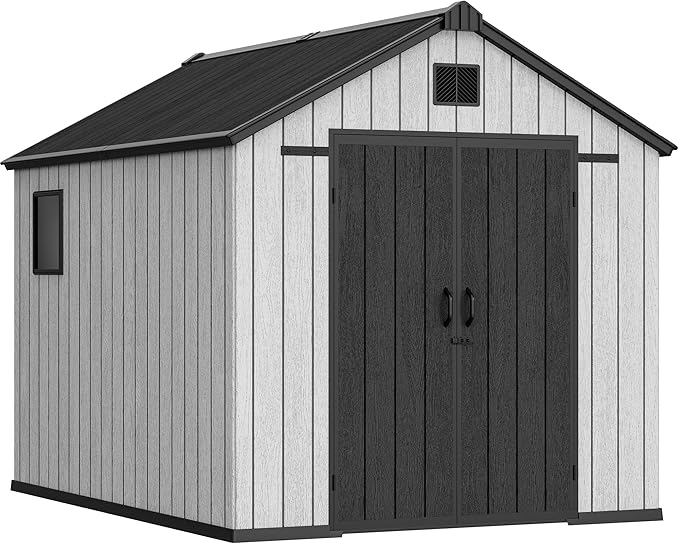 YITAHOME 8x10 FT Large Outdoor Storage Shed with Vision Windows, Extra Thick Resin Shed with Floor and Vents, 16mm Heavy Duty Plastic Storage Shed Tool Organizer for Backyard Garden Patio Lawn, Gray