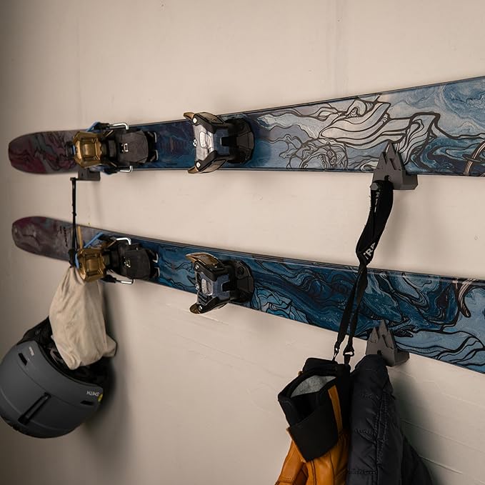 Horizontal Wall Ski Holder – Space-Saving Ski Wall Mount for Garage & Home Storage | Holds 1 Pair of Skis | Mountain, Snowflake & No Design Styles (Gray, Low Profile | Without Gear Hook)