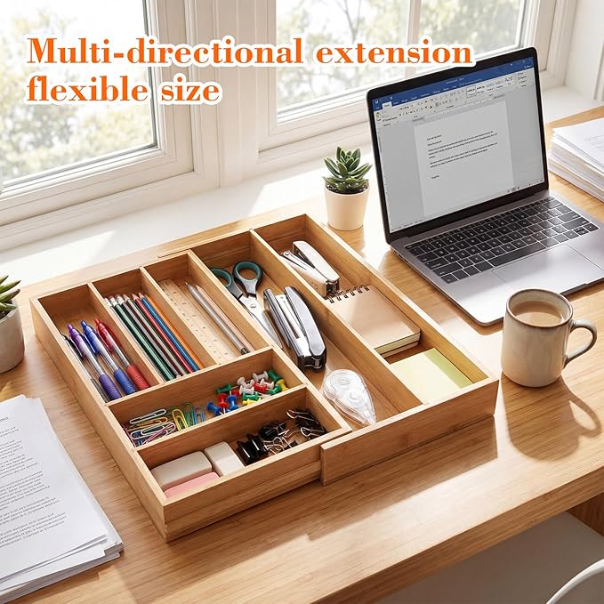 Bamboo Sliding Desk Drawer Organizer 9'' up to 18'' x 15'' x 2'' Expandable Office Desk Accessories Supplies Tray with 7 Compartments for Pens, Notebooks, Rulers, and Makeup Jewelry Vanity