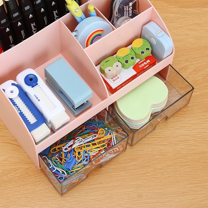 Office Desk Organizer with Drawers for Desktop/Tabletop/Counter, Desk Top Accessories Stationary Organizer Desk Caddy, Pen/Pencil/Business Card/Sticky Note Tray/Paperclip Holder Storage Box (Pink)