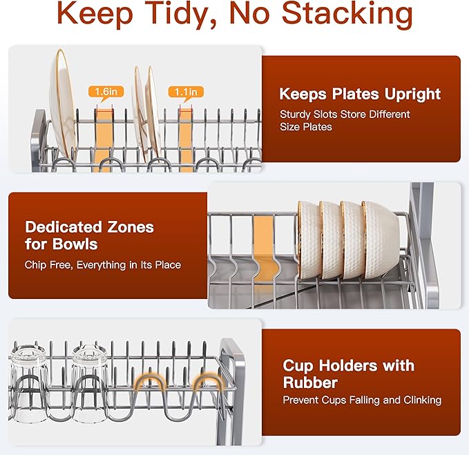 2 Tier Dish Drainers Drying Rack for Kitchen Counter Large Stainless Steel Dishes Drain with Drainboard, Space Saving, Big Modern Silver Countertop Metal Plates Dryer Strainer Holder and Extra Tray